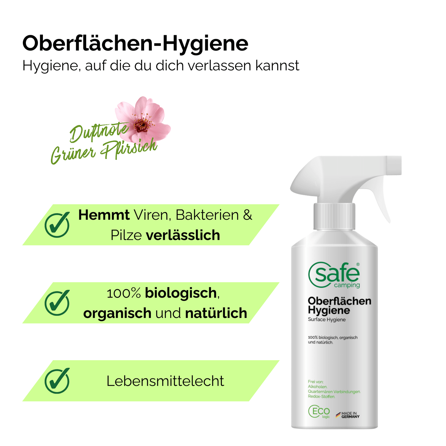 Oberflächenreiniger Wohnmobil Hygiene in Sprayflasche für zuverlässige Oberflächen-Hygiene mit frischem Duft nach grünem Pfirsich.