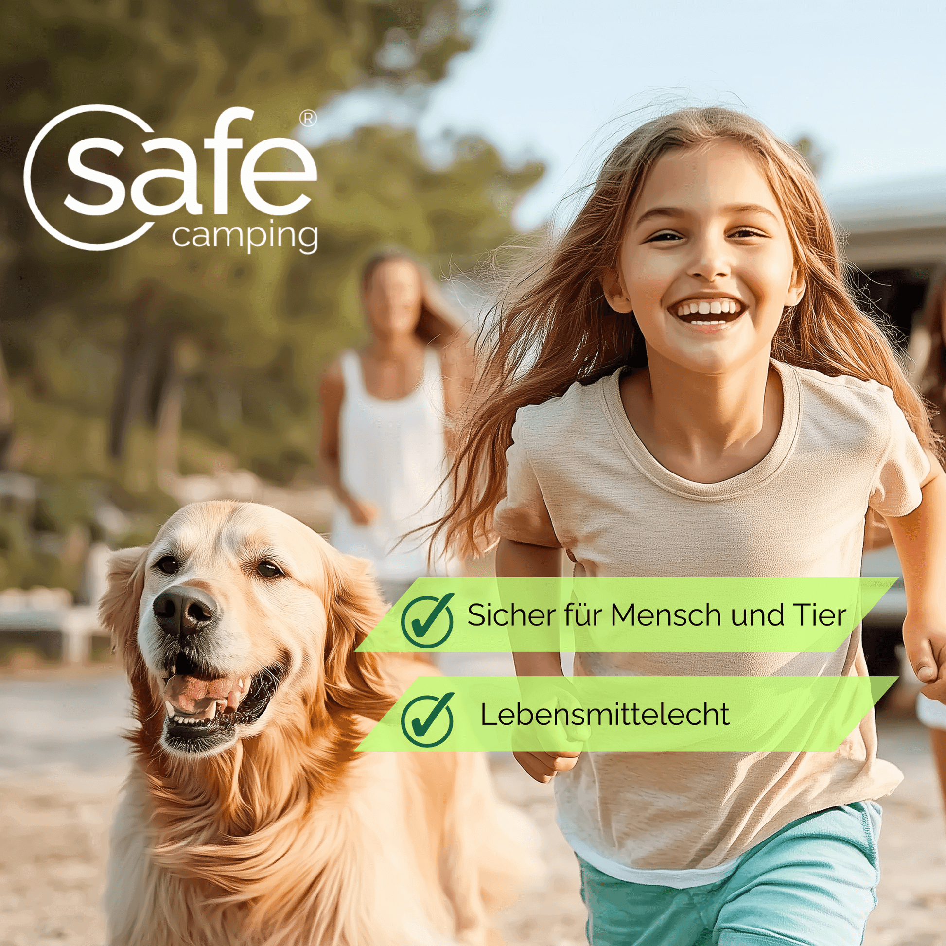 Mädchen mit Hund beim Spielen, sicher für Mensch und Tier, lebensmittelecht, safe camping.